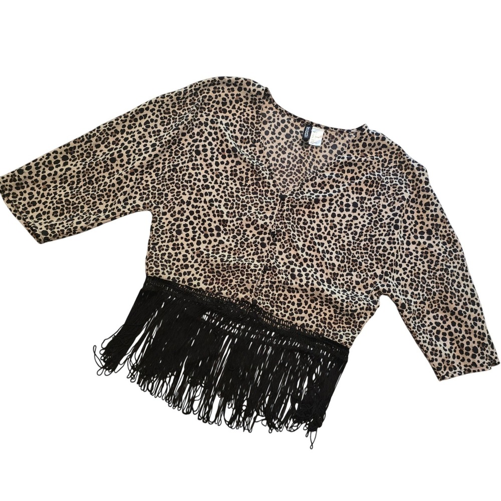 H&M Divided Leopard Print‎ Fringe Crop Top Womens Sz 2 V-Neck Boho Festival Glam